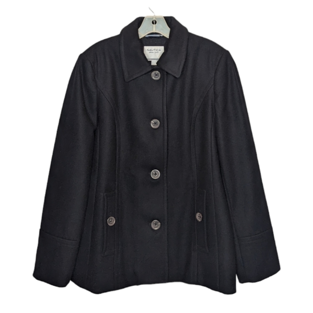 Nautica black pea winter coat wool blend button front size L